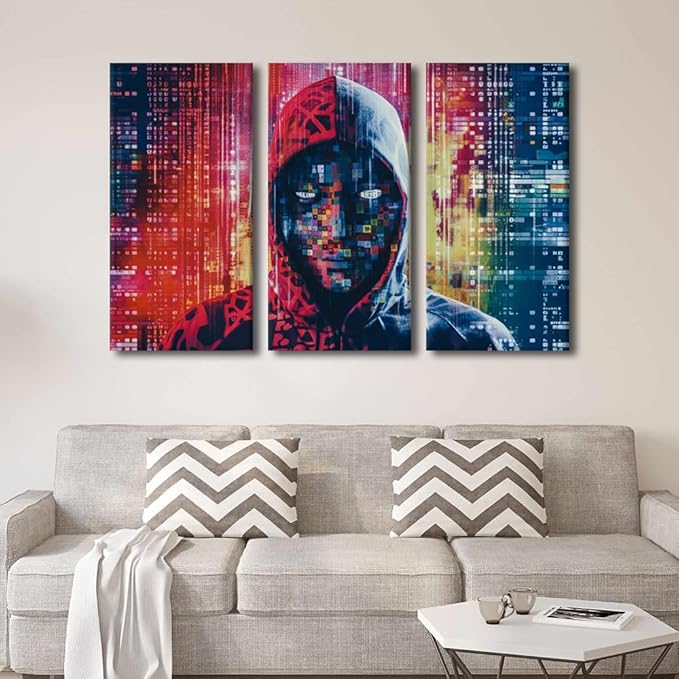 Framed Wall Art 3 Panel Cyber Security and Data Protection Concept Poster for Living Room, Hacker in Mask on Dark Background Pictures Print On Canvas, Wooden Framed Ready to Hang, 42" Wx28 H