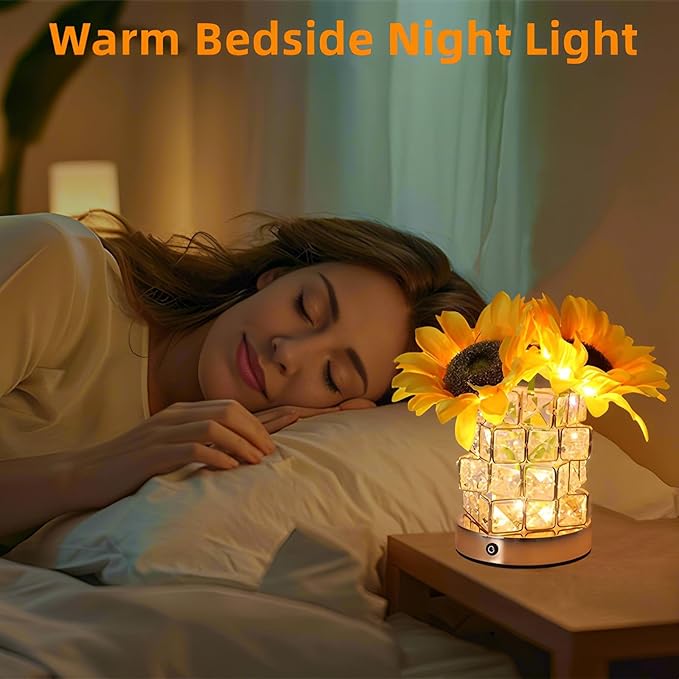 Sunflowers Flower Lamp,Rechargeable Cordless Touch Table Lamp for Bedroom,3-Colour Dimming Small Night Light,Crystal Bedside Lamps with USB Charge,Birthday Valentines Day Gifts for Women,Mom,Wife