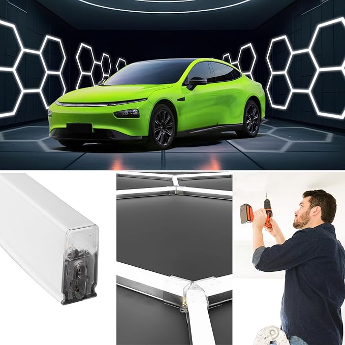 Garage Hexagon Lights, 60W 24V 6500K Higher Brightness Hex Garage Lights, Plug and Play, Lightweight DIY Assembly Hexagonal Light for Car Detailing Auto Beauty Shop Decor（with Remote Control）