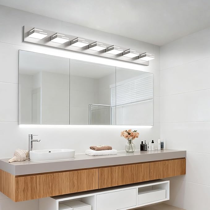LED Modern Bathroom Vanity Light Fixtures, 7-Light 48-inch Dimmable Brushed Nickel Vanity Lights for Bathroom Lighting Fixtures Over Mirror, with 350° Rotatable Acrylic Heads (Cool White 6000K)
