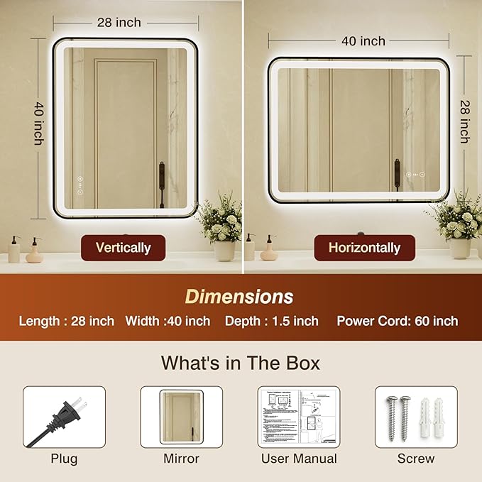 28x40 Inch Black Framed LED Bathroom Mirror with Lights,Smart Bathroom Mirror,Motion Sensor,Tempered Glass,Anti-Fog,Stepless Dimmable & 3 Colors,Memory,Vanity Mirror for Wall