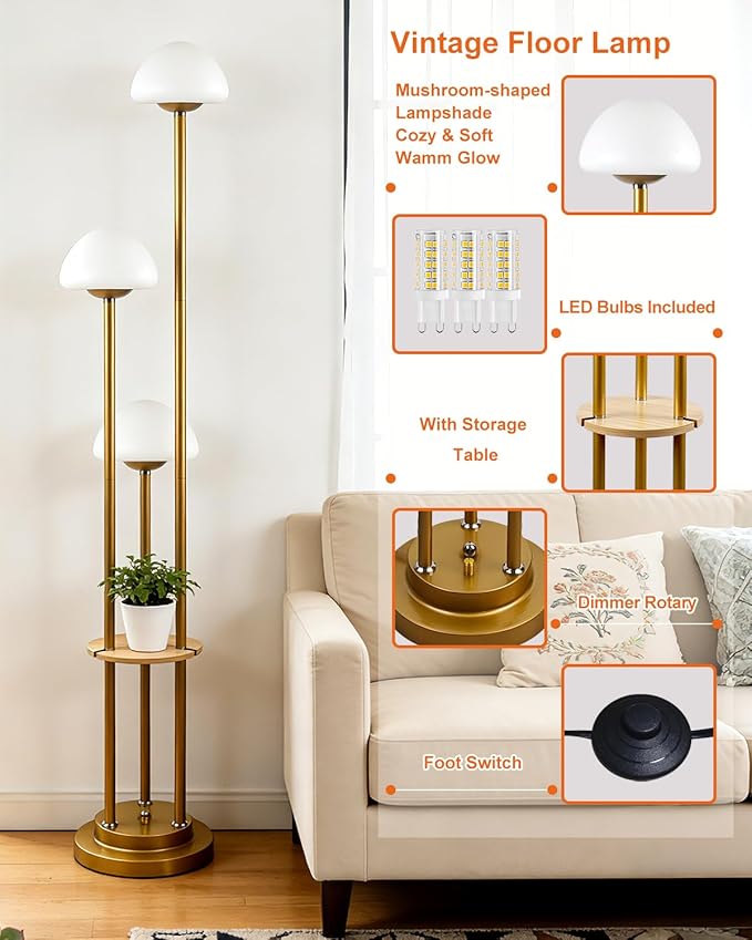 Lightdot Gold Dimmable Floor Lamp with Table, Modern Floor Lamps with Mushroom Shades & Bulbs, 3000K Warm Lights Tall Standing Lamp for Living Room/Bedroom/Office/Sofa Beside/Corner Decor
