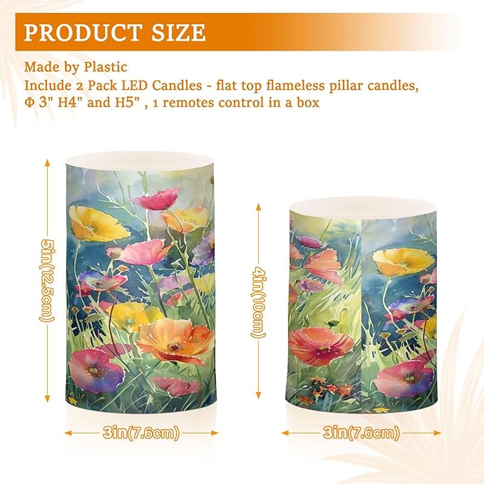 Watercolor Flower Pattern Flameless Candles Color Changing LED Candles with Remote Control Battery Candles for Outdoor and Indoor Home and Room Decoration, 3'' x 4''/5'' Set of 2 Pieces