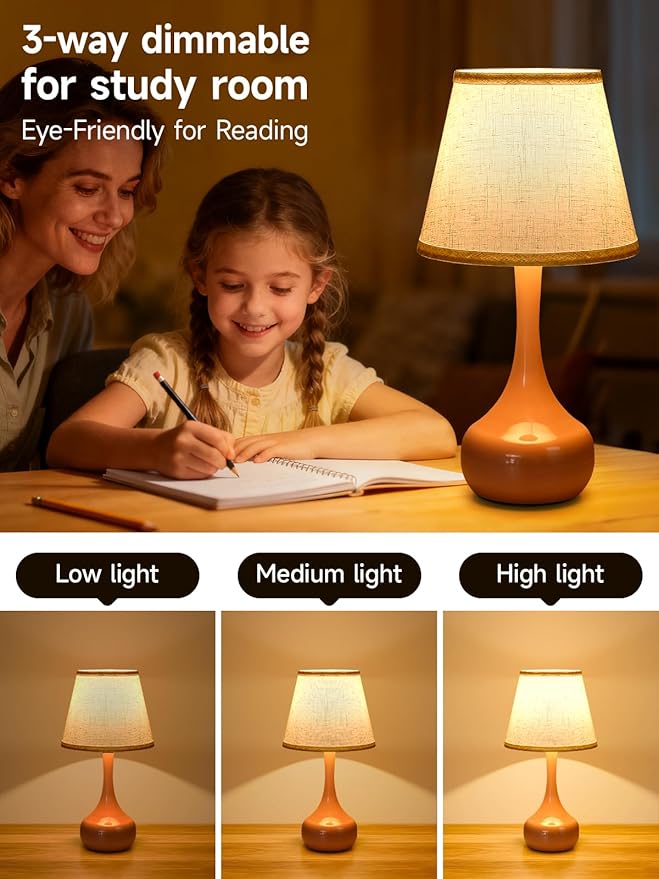 Touch Table Lamp for Bedroom, 3-Way Dimmable Table Lamps for Nightstand with Fabric Shade, Lamps for Living Room，Desk Lamps for Home Office, Pink Lamp for Bedroom