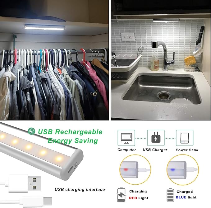 LDOPTO Under Cabinet Lights Wireless 4 Pack, Rechargeable Battery Operated Lights with Remote, Dimmable Led Closet Lights, Under Counter Lights Stick-on Touch Night Light for Kitchen, 3 Colors