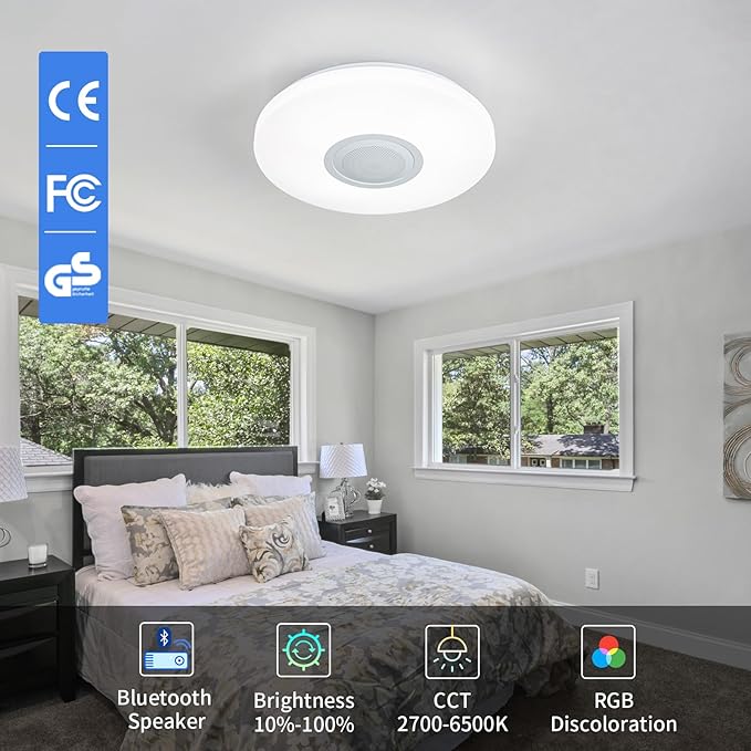 LED Ceiling Light Fixture,with Bluetooth Speaker,15.15 Inch 40W, 2700K-6500K Dimmable Music Lamp,RGB Color Changing Light with Remote Control,for bedrooms, Living Rooms,-ASALL001-40