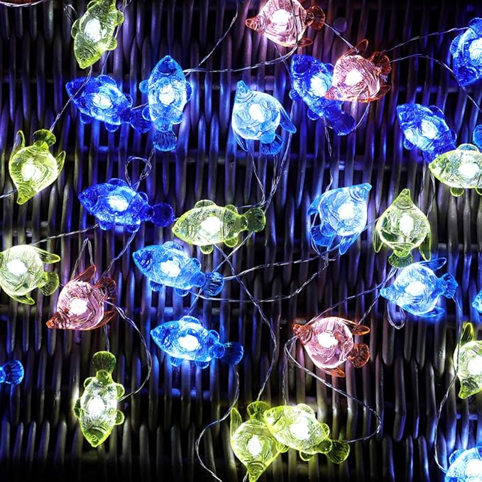 Tropical Fishes Decorative String Lights, 18.7 Ft 40 LED USB Plug-in Silver Copper Wire Beach Theme Fairy Lights for Indoor Outdoor Decoration Projects (Cool White, Remote Control with Timer)