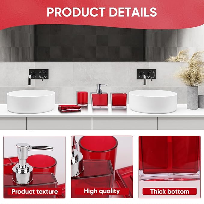 4-Piece Bold Red Acrylic Bathroom Accessories Set — Soap Dispenser, Toothbrush Holder, Soap Dish & Mouthwash Cup, Vanity Countertop Organizer for Red Bathroom Decor
