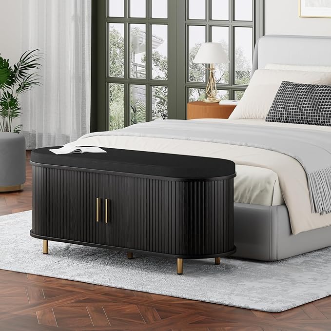 Entryway Bench with Storage: 43.31" Wooden Bedroom Shoe Bench with Thickened Padded Seat Cushion, Mid Century Modern Fluted Sliding Door and Adjustable Shelf, for Entryway, Living Room