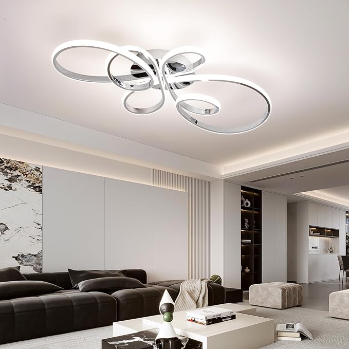 66W Modern LED Ceiling Light, 5 Rings Flower Flush Mount Light Fixture with Remote Control Chrome Dimmable Ceiling Lamp for Living Room, Bedroom, Dining Room, Hallway, Kitchen