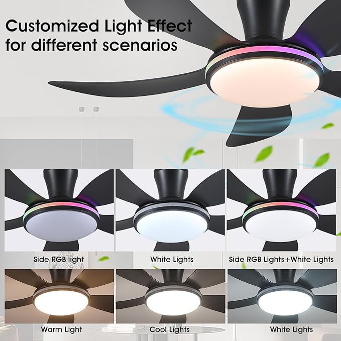 PHORUS 48" RGB Ceiling Fans with Lights and Remote/APP,Black Low Profile Ceiling Fans with Quiet Reversible DC Motor,Modern Flush Mount Fans Light for Bedroom Kids Room
