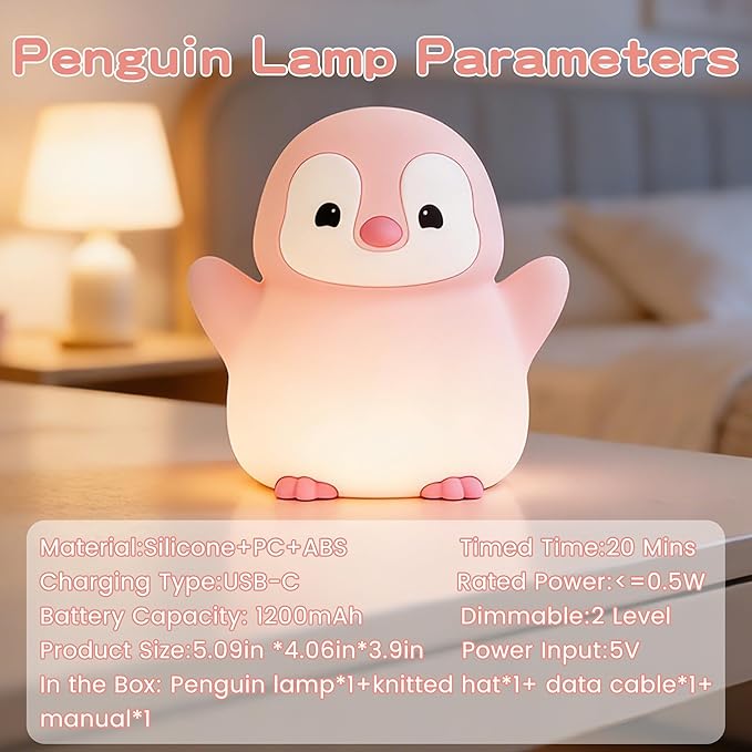 Penguin Night Light for Kids,Cute Pink Penguin Lamp,Soft Silicone Nursery Nightlight,LED Squishy Novelty Animal Bedside Lamp,Rechargeable/Dimmable/Timer,Room Deco,Christmas Gifts for Mom Girls Baby