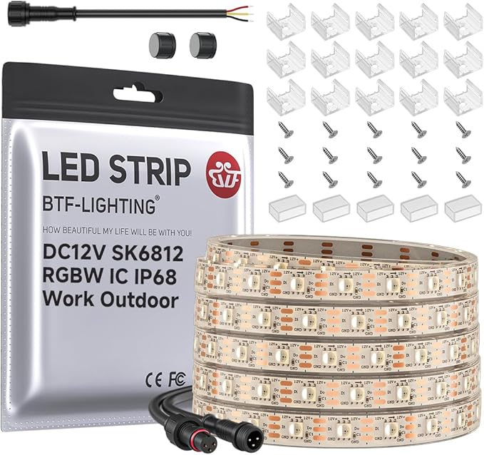 BTF-LIGHTING SK6812(Similar WS2812B) RGBW RGB+Warm White(3000K) Individually Addressable DC12V 16.4FT 60LED/m 4 Colors in 1 Light Dream LED Strip IP68 White PCB(No Adapter or Controller)