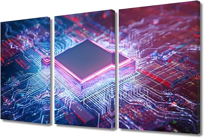 TUMOVO 3 Panel Canvas Wall Art Motherboard Digital Chip Modern Artwork Wall Decor CPU Concept Pictures Bathroom Decor Wall Art Circuit Board Bedroom Print on Canvas Framed Ready to Hang(24" Wx36 H)