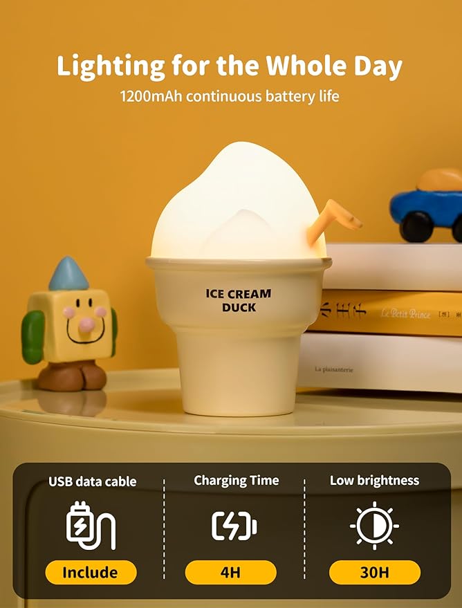 Night Light for Kids, Rechargeable Bedside Touch Lamp, Portable Dimmable Nightlight, Cute Lamp Gifts for Baby, Teens, Adults, Table Decor for Bedrooms, Office(Ice Cream Duck)