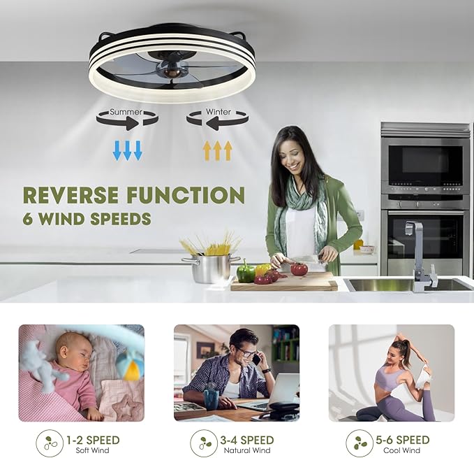 Ceiling Fan with Light, Flush Mounted Ceiling Fan with Lights, 6 Wind Speeds Smart Low Profile Fan for Bedroom, Kids Room and Living Room 20" (Black)