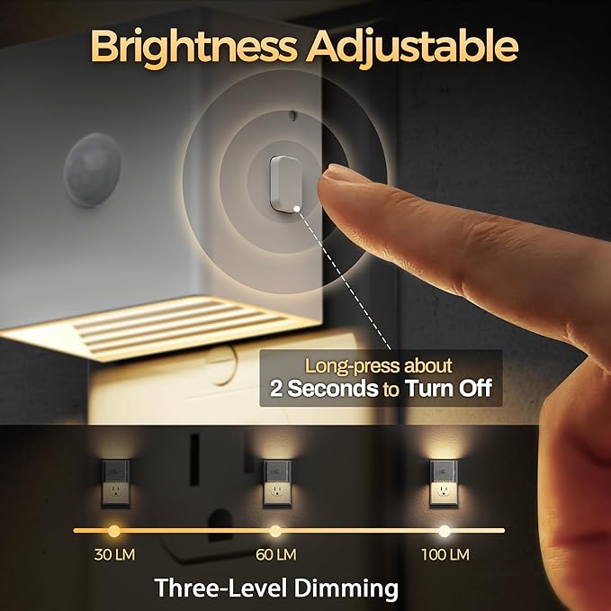 DORESshop LED Night Lights Plug into Wall [2 Pack], Motion Sensor Night Light Brightness Adjustable Motion Activated Nightlight with Dusk to Dawn for Bedroom, Bathroom, Hallway, 3000K, White