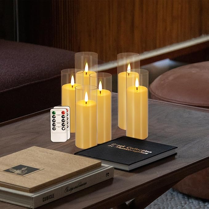 Flickering Flameless Candles Battery Operated with Remote and 2/4/6/8 H Timer Plexiglass LED Pillar Candles with Realistic Moving Wick for Home Decor Pack of 48 (D2.2 xH 5" 6" 7") (Ivory)