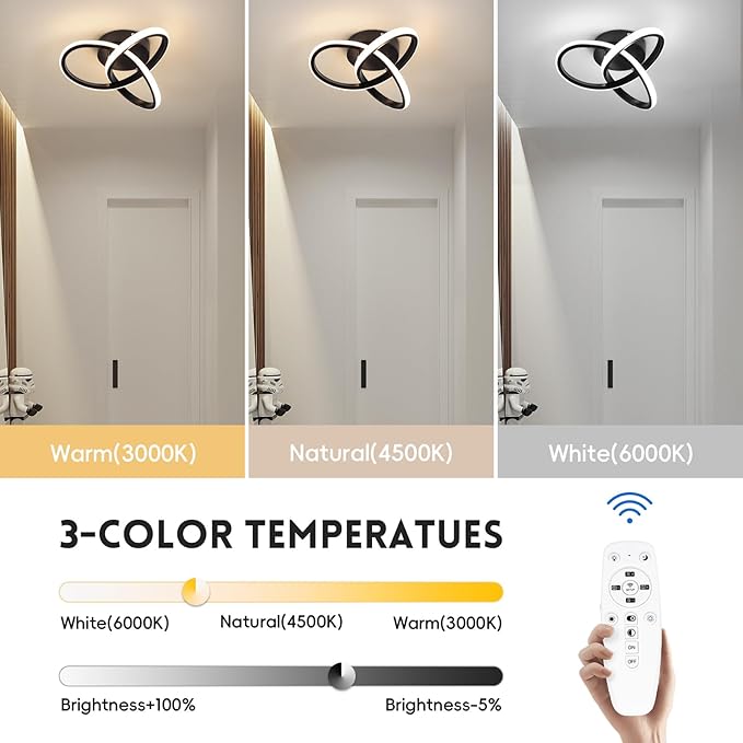 CANEOE Black Hallway Ceiling Light Fixtures 24W Dimmable LED Ceiling Light with Remote Control Modern Flush Mount Ceiling Lights for Bedroom Bathroom Kitchen Balcony Stair Aisle Ceiling Lamp