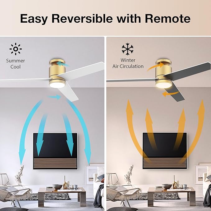 52” Smart Flush Mount Ceiling Fans with Lights Remote,Quiet DC Motor,Outdoor Indoor Low Profile Ceiling Fan,Voice Control via WiFi Alexa App,Modern Gold and White Black Fan for Bedroom Patio