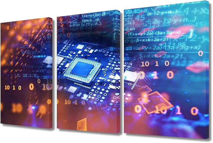 3 Pieces Motherboard Digital Chip Home Decor Information Concept Modern Artwork Wall Art for Living Room Giclee Wooden Framed Gallery-Wrapped Ready to Hang (36" Wx24 H)