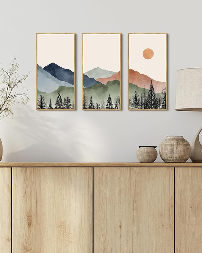 KUVIOKE Watercolor Mountains Range Landscape Wall Art Framed Tree Nature Wall Decor Sun Rises Prints Bedroom Living Room Ready to Hang 8x16in3pcs Natural Framed