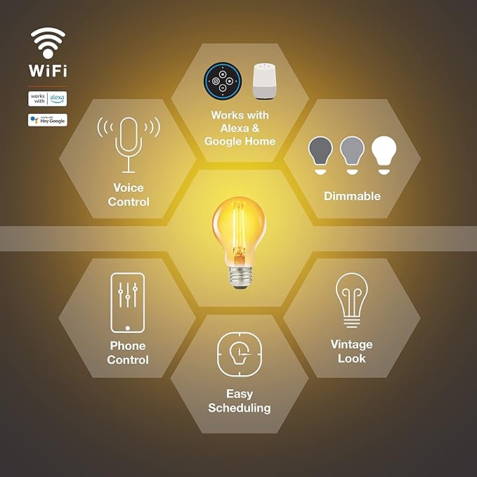 Sylvania WiFi LED Smart A19 Amber Finish Light Bulb, 4.5W Efficient, for Alexa/Google Assistant, 2000K, No Hub Required - 1 Pack (75800)