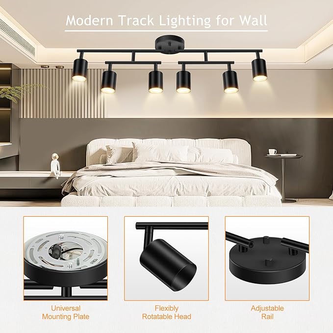 BoostArea 6 Light Track Lighting Kit, Black 6 Way Ceiling Spot Lighting, Center Swivel Track Light Heads, Flexibly Rotatable Light Head for Kitchen, Living Room, Bedroom, GU10 Bulb Not Included
