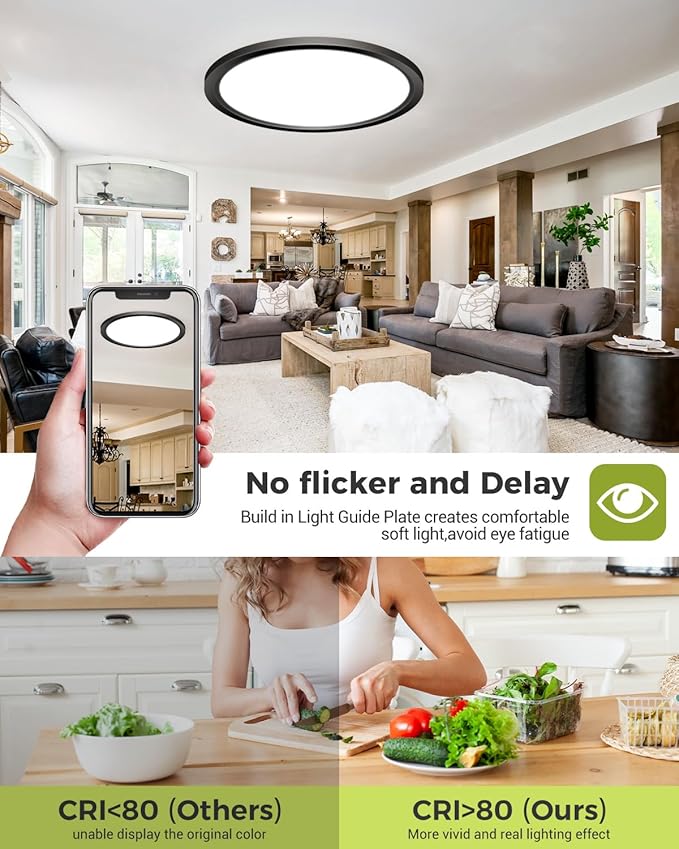 1PACK LED Flush Mount Ceiling Light - 3CCT Selectable 3000K-4000K-6500K & 100W Equivalent Modern Kitchen Recessed Ceiling Lamp 24W 3200Lm 12 Inch for Bathroom Closet Laundry Bedroom Hallway