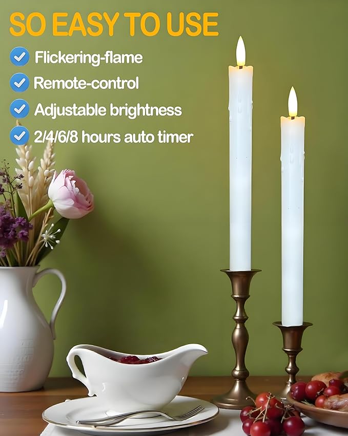 9.6" Rechargeable Flameless Taper Candles with Remote, Timer, Dimmer, Ivory LED CandleSticks, 2 Pack USB Long Candles Battery Operated for Window, Table, and Mantel Decor