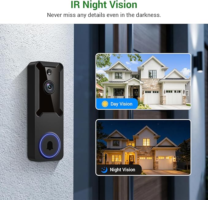 1080P Wireless Wi-Fi Video Doorbell Camera, Dome Home Security, Night Vision, Two-Way Audio, Cloud Storage, Smart AI Motion Detection, Live View, Battery Powered, Indoor Outdoor Surveillance
