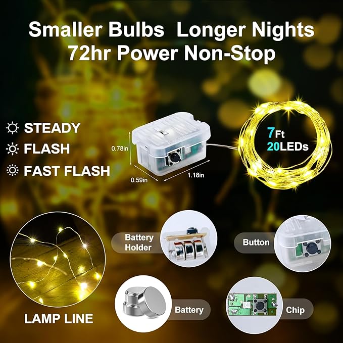 Aogist 24 Pack Fairy Lights 3 Modes 7ft 20 LED Waterproof,Battery Operated Silver Wire Firefly Starry Moon Mini String Lights for Mason Jars Christmas DIY Crafts Wedding Party Bedroom,Yellow