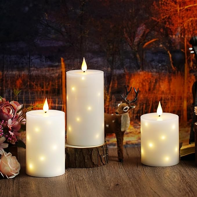 Flameless Candles with Embedded Star String, Real Wax Battery Operated Candles with Remote Timer, Flickering Pillar LED Candle Set for Home Decor Romantic Ambiance （White）