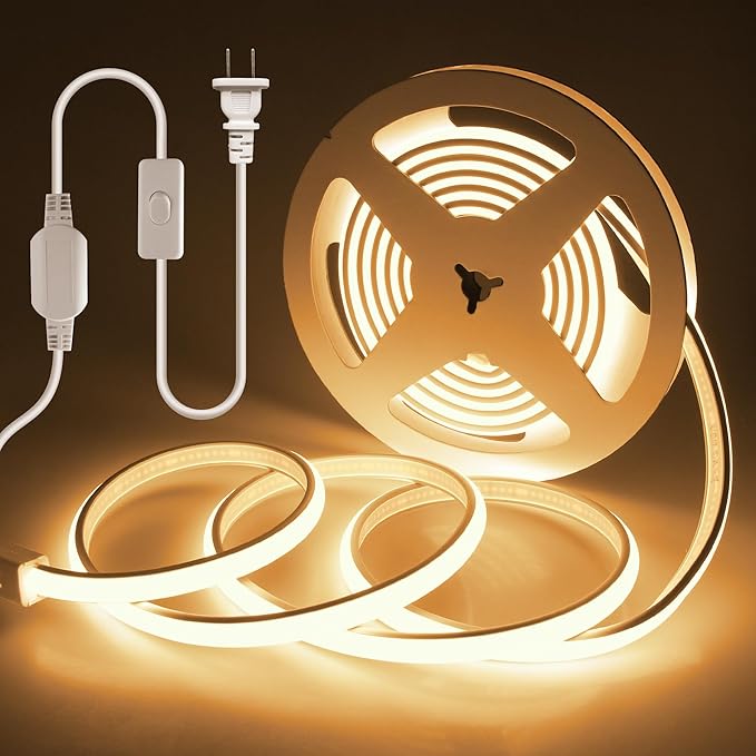 10FT COB LED Strip Lights 110V 3000K Warm White COB Led Rope Lights Outdoor Waterproof with Switch Plug in 288Leds/M High Density AC110V-120V LED Tape Lights for Bedroom Backyards Holiday 3M