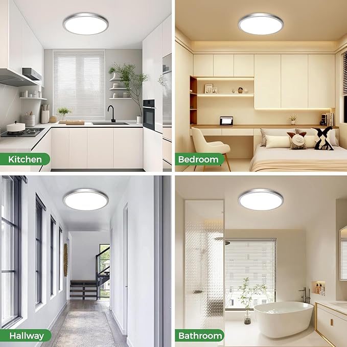 zemty 2Pack 12" LED Flush Mount Ceiling Light, 24W Dimmable 5CCT (3000K–6500K) Brushed Nickel Round Fixture | Modern Low-Profile Lighting for Bedroom, Kitchen, Hallway, Bathroom
