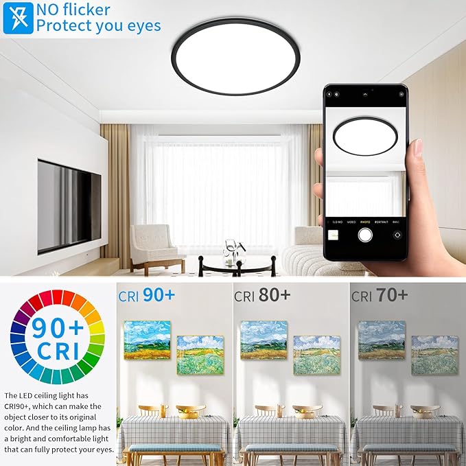 24 Inch Large LED Flush Mount Ceiling Light Fixtures - 56W Dimmable Kitchen Ceiling Light with Remote, 5600lm, 3000K/4500K/6000K Adjustable LED Ceiling Lamp for Bedroom, Black