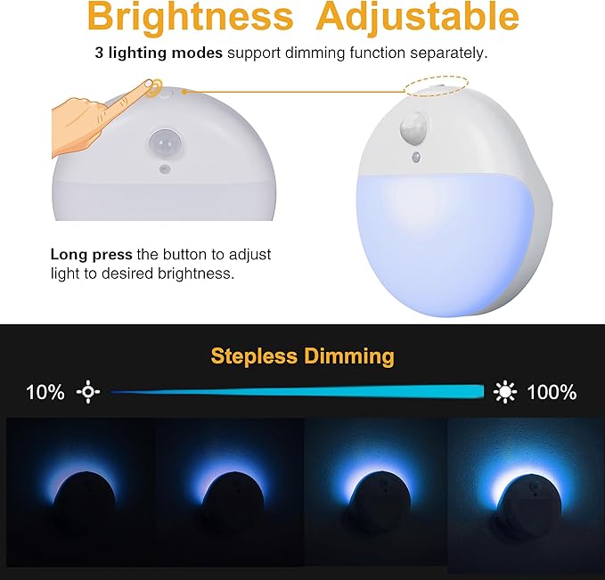 2 Pack Azure Battery Night Light, Motion Activated Night Light, 2.6" Small Sticky Lights, 3 Light Modes, Dimmable Battery Operated Lights for Travel, Toilet, Bathroom, Closet, Stairs,Corridor