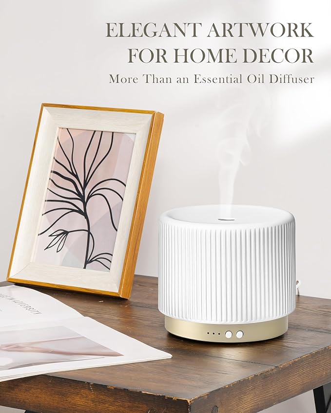 Essential Oil Diffuser -280ml Ceramic Diffuser for Large Room&Commercial Use, 2.4MHz Cool Mist Humidifier & Independent Decorative Light & Aromatherapy Diffuser, Pulse&Continuous Mist, Timer, Auto-Off