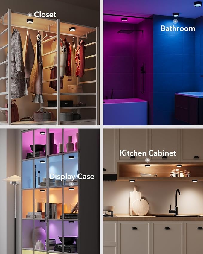 Rechargeable Puck Lights with Remote Control, 2400mAh Battery Operated RGB Under Cabinet Press Button Lighting Wireless LED Push Lights Stick on Magnetic Tap Lamp for Closet Kitchen Counter Display