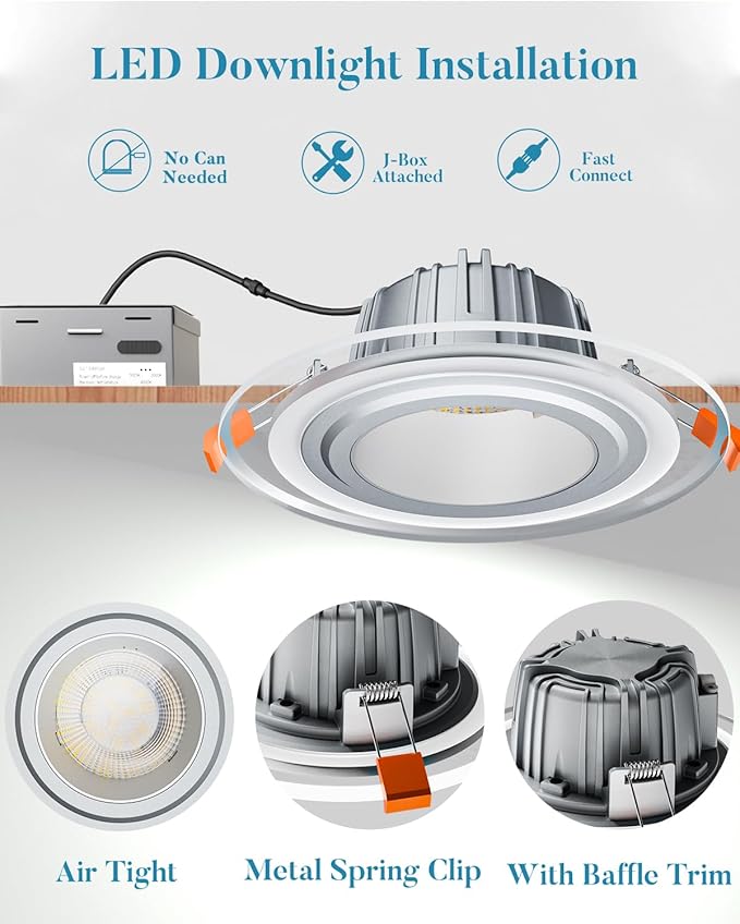 Lightdot 6" LED Recessed Lighting w/Night Light, Triac Dimmable, 12W 3000K/4000K/5000K Adjustable, Memory, CRI＞90, Retrofit, Gray w/Clear Acrylic Trim - 6 Pack