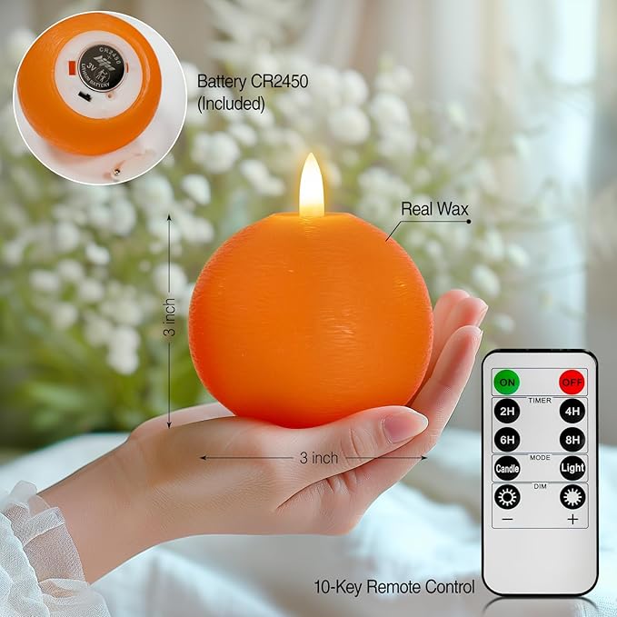 Flameless Candles with Remote, Orange Round Candles Ball LED Battery Operated Real Wax Candles Warm Light 3D Wick Flickering for Home Party Wedding Decor (Set of 3)