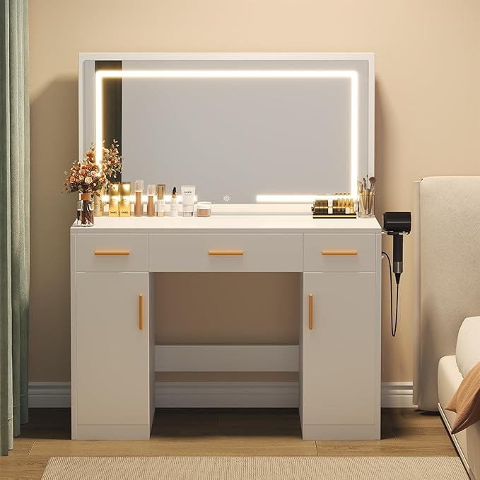 DUMOS Vanity Desk Makeup with Mirror LED Lights, White Table with Power Outlet 3 Drawer & 2 Cabinets, 3 Lighting Modes & Adjustable Brightness, Dressing Tables for Bedroom