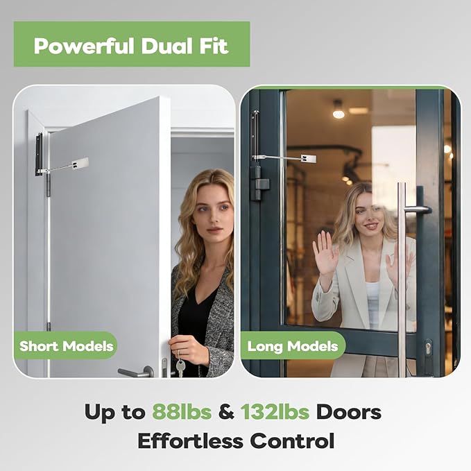 Automatic Door Closer, Stops Door Slamming, Ultra-Quiet Soft Close for Home & Apartment Doors, Upgraded Aluminum Roller Arm, Scratch-Free, Adjustable Speed, Self Closing Spring Door Closer, White
