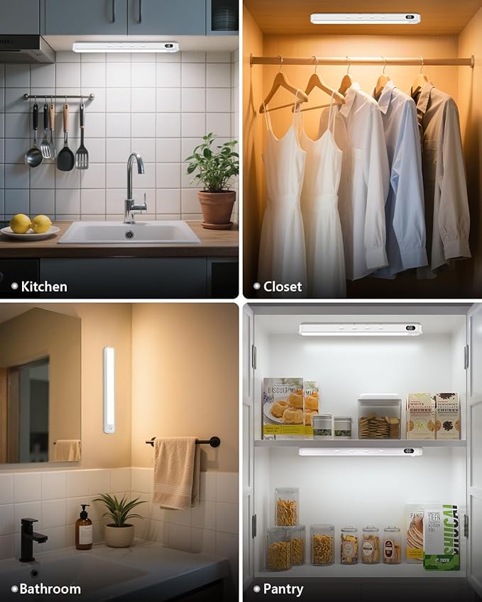 WILLED Under Cabinet & Closet Lights with Remote, Motion Sensor, Rechargeable, Magnetic, 3 Color Temps, Dimmable LED Light Bar for Indoor Kitchen Counter (4 Pack, White)