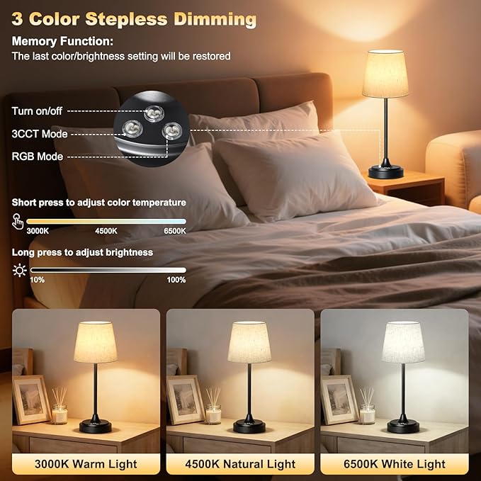 Cordless Table Lamp Rechargeable,5000mAh Battery Operated Desk Lamp,3 Colors & 7 RGB Stepless Dimmable,Touch Ambient Light for Bedside,Bedroom,Dining Room,Living Room,Black,FlaxenShade