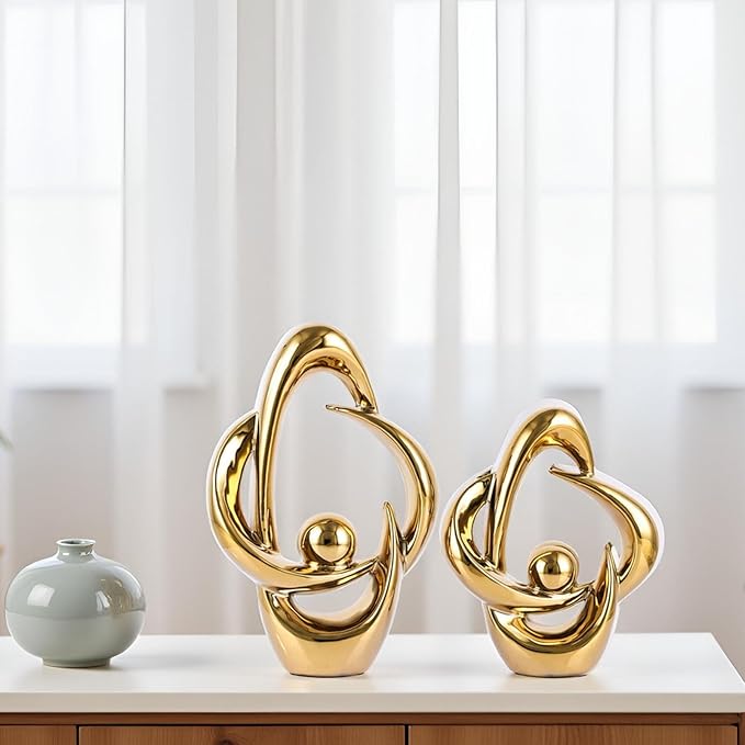 XMGZQ 2PCS Home Decor Accent Ceramic Statue Abstract Sculptures Centerpieces Mid Century Modern Decor for Tables Coffee Table top Decorations for Living Room Desktop Shelf Dining Room Kitchen (Gold)