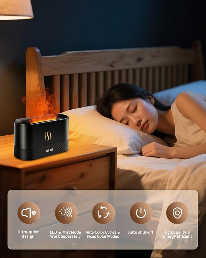 Flame Effect Essential Oil Diffuser, Ultrasonic Aromatherapy Humidifier, Upgraded 7 Color Changing Lights with Ultra Quiet, Auto Shut-Off for Bedroom Home Office and Yoga (180mL, Black)