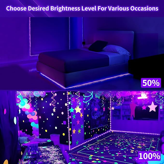 Dimmable Black Light Strip Kit 40ft/12M 720 LEDs, 12V Flexible Blacklight Fixtures, 385nm-400nm, Black Light LED Strips for Glow Party Fluorescent Poster Halloween Indoor Bedroom Decor, Non-Waterproof