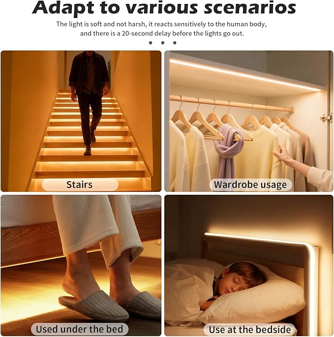 2 pcs Battery Powered motion sensor light strip,indoor,closet lights,flexible self adhesive led strips lights,hallway light,warm bedside lights,stair,bedroom,kitchens,living room,corridors,Cabinet