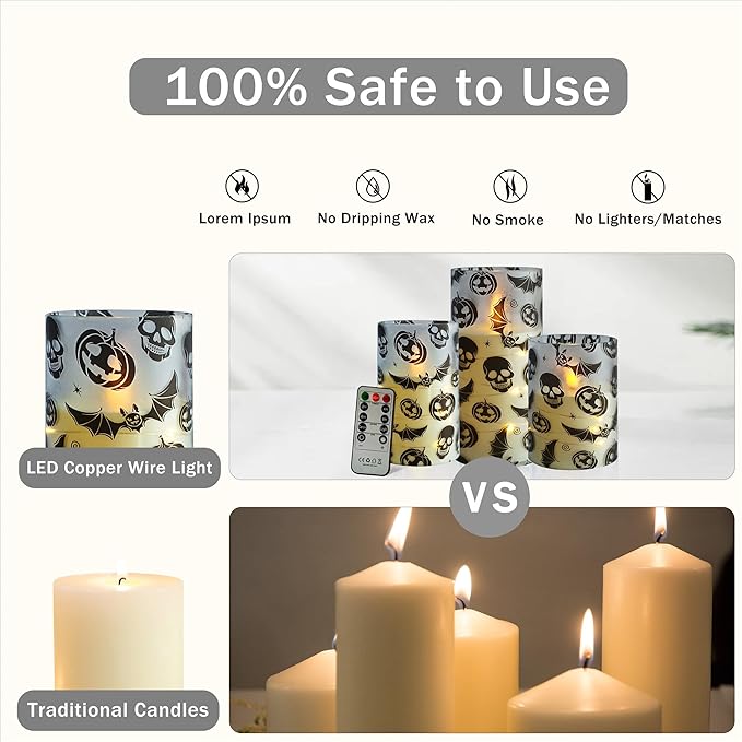 Ghost Flameless Candles with String Lights - 3pcs Halloween Battery Operated Candle Flickering Floral LED Pillar Candles with Timer Remote for Home Decor Romantic Ambiance